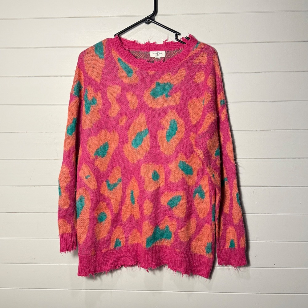 Umgee Leopard Print Sweater Womens‎ S Pink Orange Distressed Hem Oversized Knit